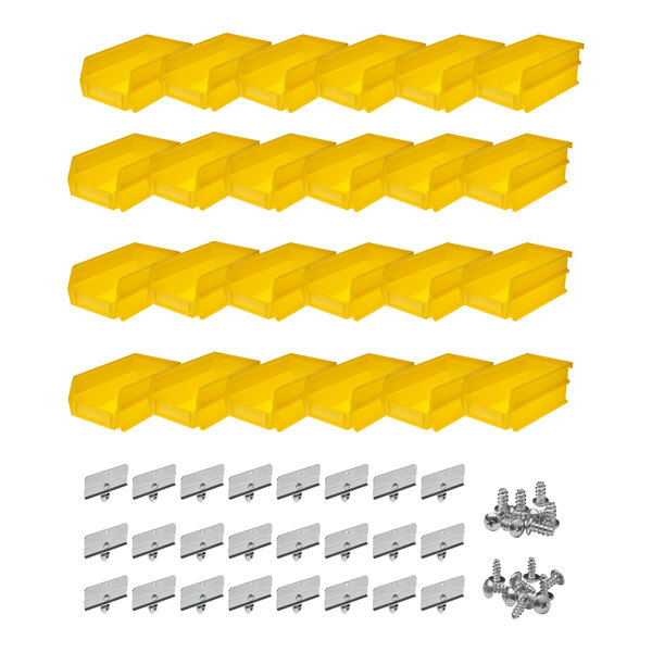 A row of yellow plastic bins in a yellow container with screws.