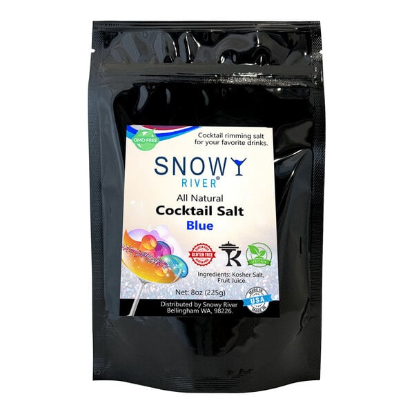 A black package of Snowy River Blue Cocktail Rimming Salt with a white label with text and images.