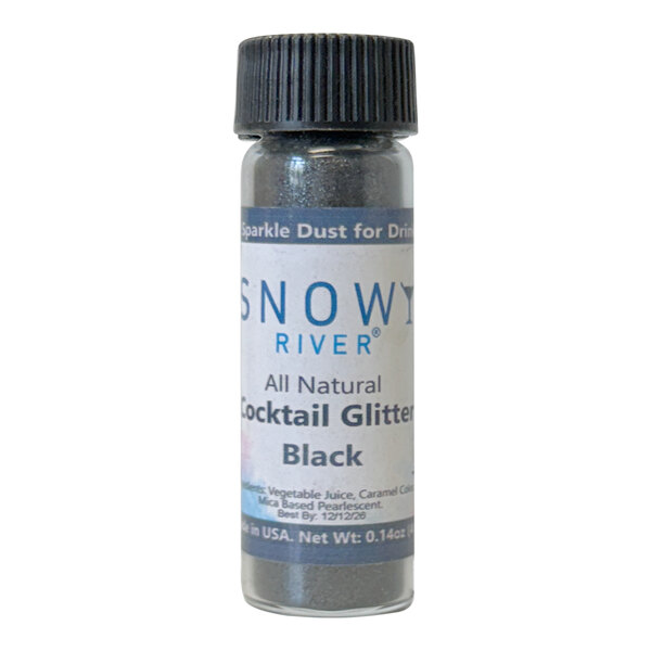 A Snowy River bottle of black cocktail glitter with a black cap and label.