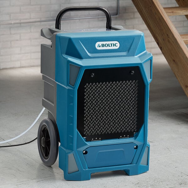 A blue and black Boltic 200 commercial dehumidifier with wheels.