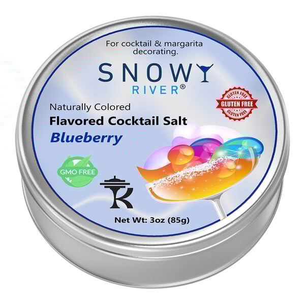 A round silver container of Snowy River Blueberry Cocktail Rimming Salt with a label.