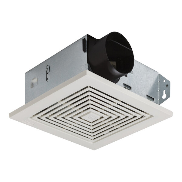 A white Broan bathroom ventilation fan installed in a white ceiling.