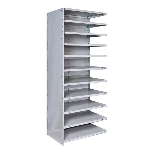 A white Hallowell MedSafe steel shelving unit with 11 shelves.