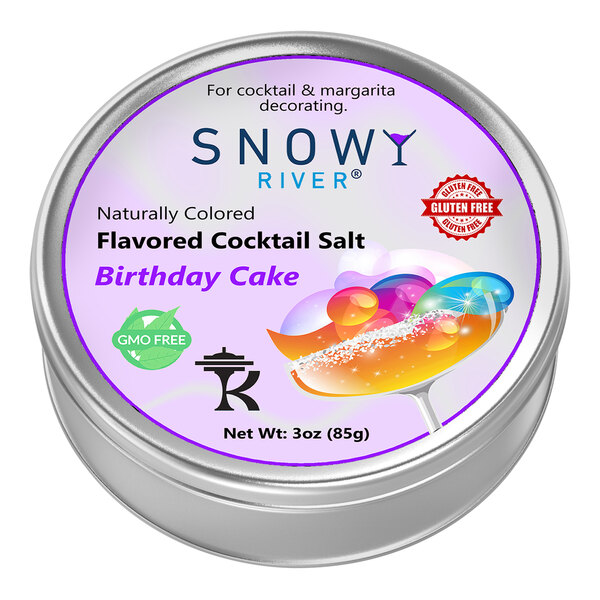 A round silver container of Snowy River Birthday Cake cocktail salt with a purple label.