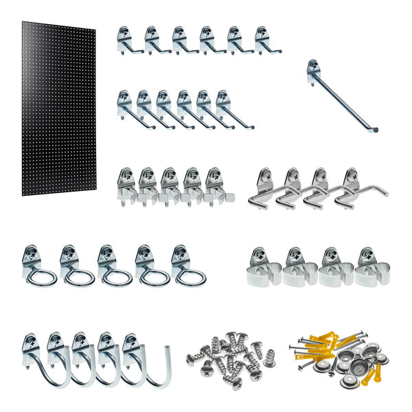 A room with a Triton black high-density fiberboard pegboard filled with metal hooks and screws.