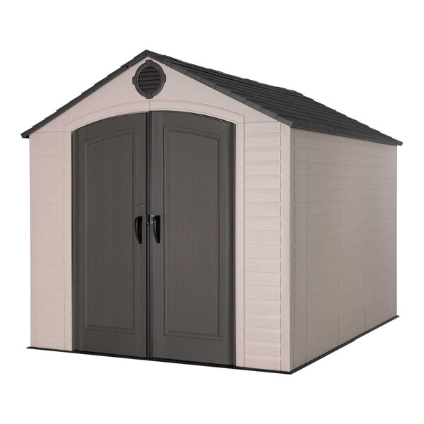 A Lifetime outdoor storage shed with two doors.