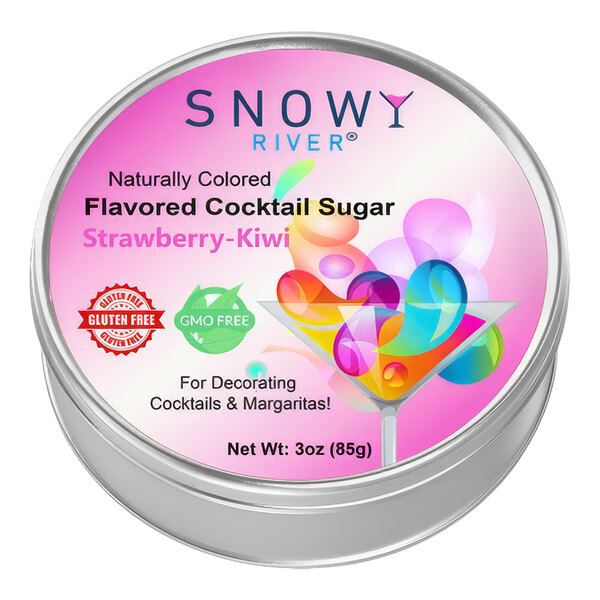 A round metal container of Snowy River Strawberry-Kiwi Cocktail Rimming Sugar with a label.