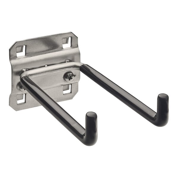 A stainless steel double rod hook with black vinyl-dipped ends.