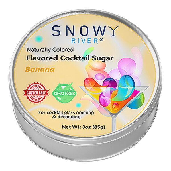 A round container of Snowy River Banana cocktail rimming sugar with a label.