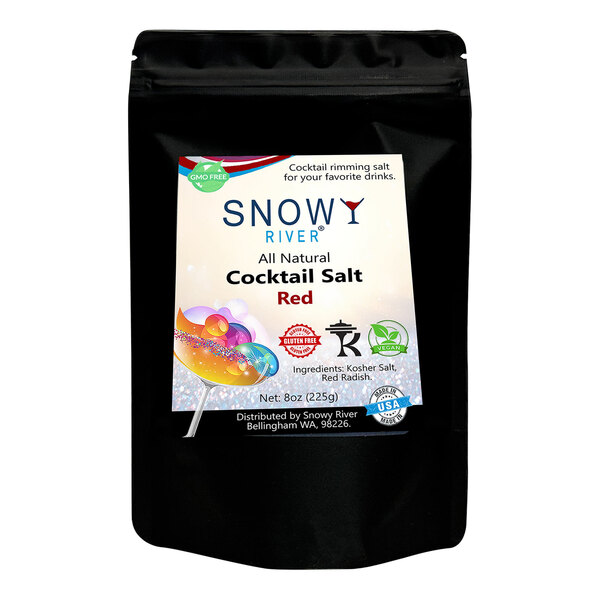 A black package of Snowy River Red cocktail salt with a white label.