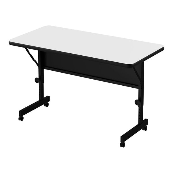 A white rectangular Correll seminar table with a black frame and wheels.