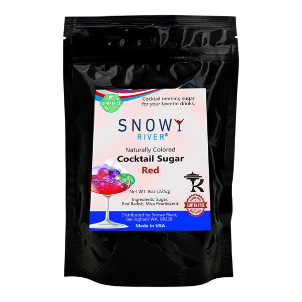A black package of Snowy River red cocktail sugar with a label.