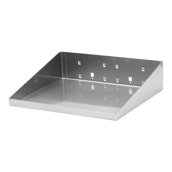 A silver metal Triton Products steel shelf with garment hanger holes.
