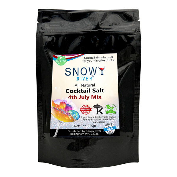 A black packet of Snowy River 4th July Cocktail Rimming Salt with a white label.