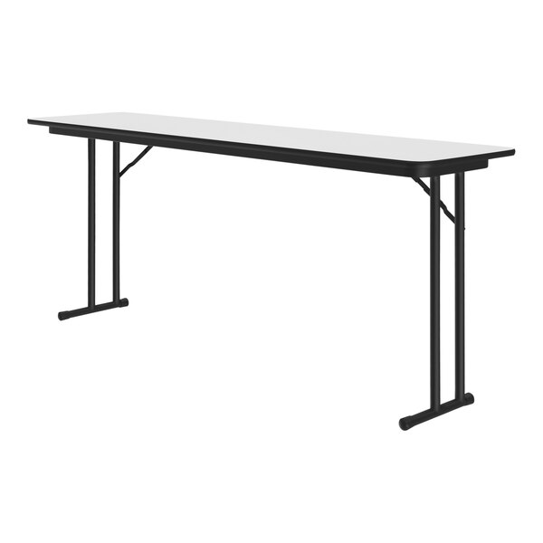 A white rectangular Correll seminar table with black metal legs.