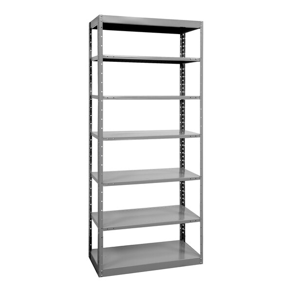 A grey HITECH metal boltless shelving unit with four shelves.