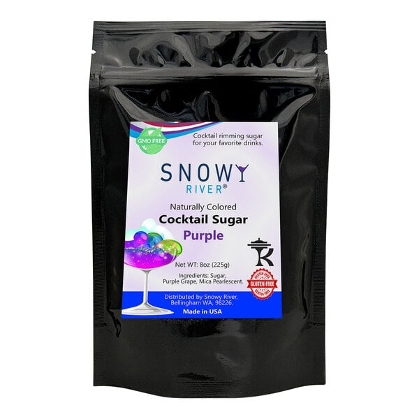 A black bag of Snowy River Purple Cocktail Rimming Sugar with a purple label.
