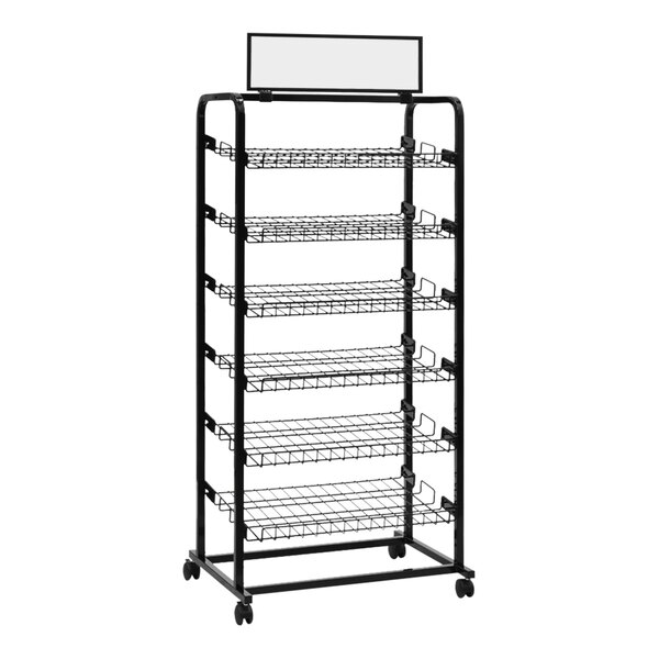 A black metal Mobile 6-Shelf Angled Merchandising Display with wire shelves and a sign holder.