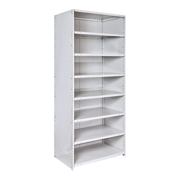 A gray metal MEDSAFE antimicrobial lab shelving unit with eight adjustable shelves.