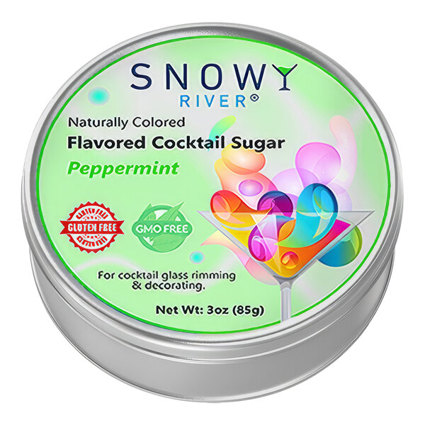 A round container of Snowy River peppermint cocktail rimming sugar with a label.