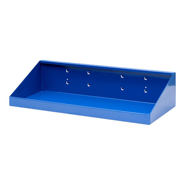 A blue metal Triton LocHook shelf with holes.