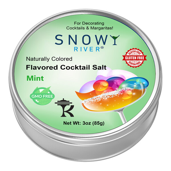 A round silver container of Snowy River Peppermint Cocktail Rimming Salt with a label.