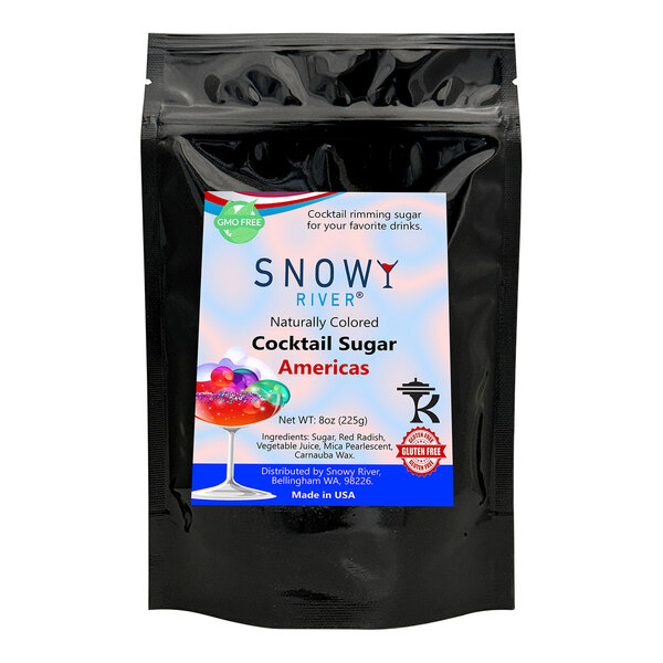 A black packet of Snowy River Americas cocktail rimming sugar with a label.