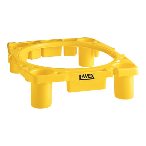 A yellow plastic Lavex rim caddy with holes.