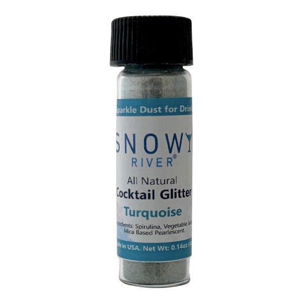 A bottle of Snowy River turquoise cocktail glitter with a silver label.