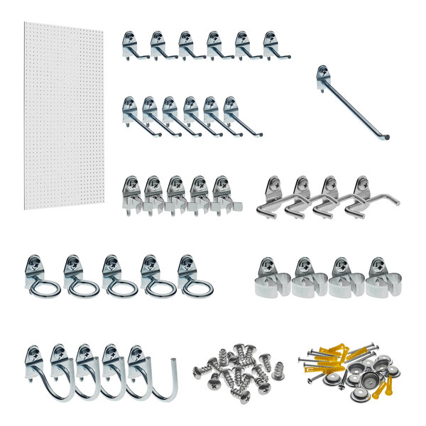 A group of metal hooks and screws hanging on a white Triton high-density fiberboard pegboard.