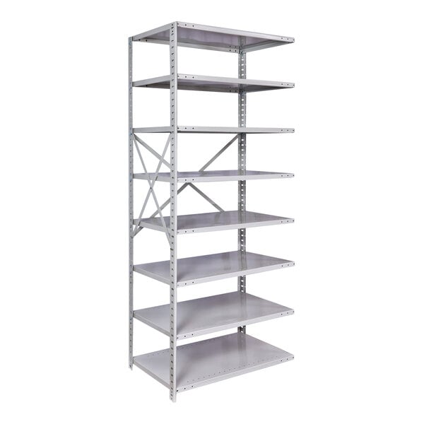 A gray MEDSAFE antimicrobial metal shelving unit with eight adjustable shelves.