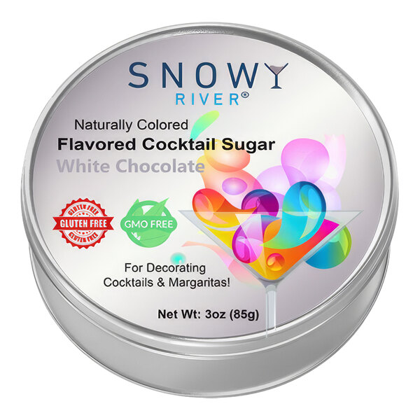 A round silver container of Snowy River white chocolate cocktail rimming sugar with a white label.
