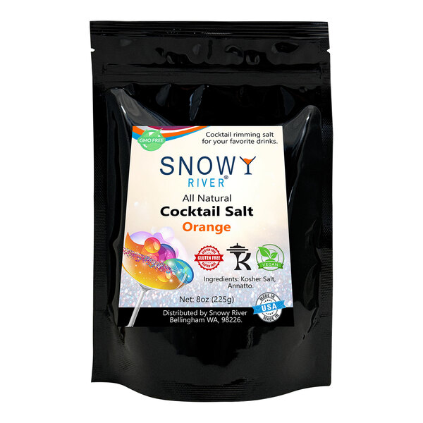 A black package of Snowy River Orange Cocktail Rimming Salt with a white label.