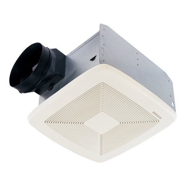 A white Broan QT Series bathroom exhaust fan with a white and black vent.