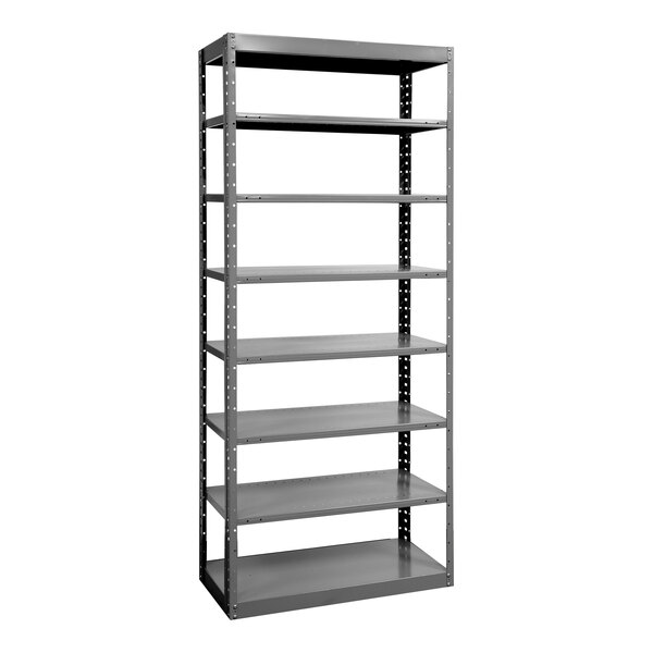 A grey metal HITECH boltless shelving unit with 2 fixed and 6 adjustable shelves.