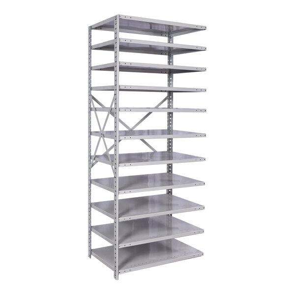 A Hallowell light gray steel medium-duty shelving add-on with 11 shelves.