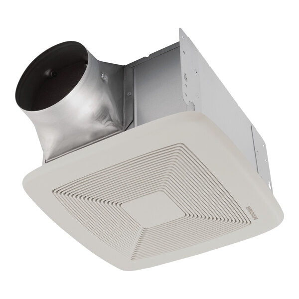 A white Broan bathroom exhaust fan vent on a white ceiling.