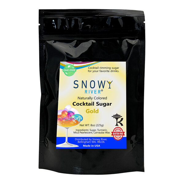 A yellow and blue Snowy River Cocktail Rimming Sugar packet.