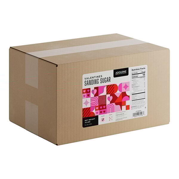 A large cardboard box labeled as Adourne Fine Valentine's Day Sanding Sugar, weighing 10 pounds.
