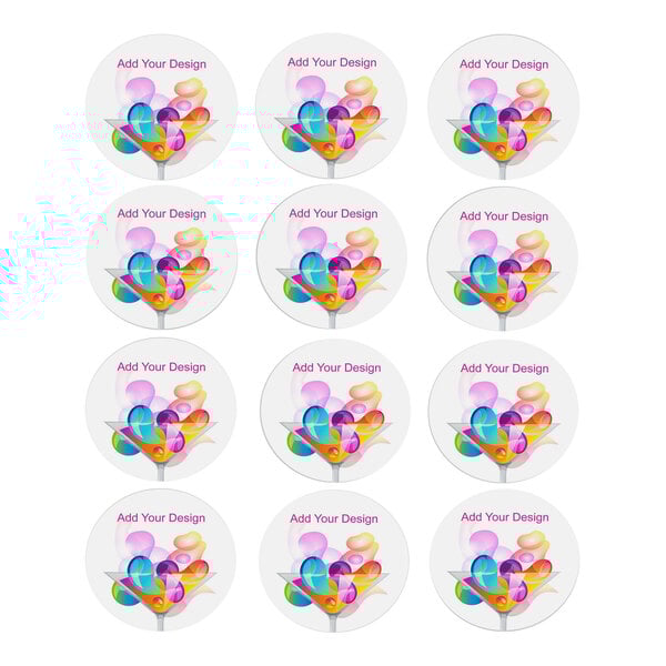A pack of 72 customizable round stickers with colorful designs.