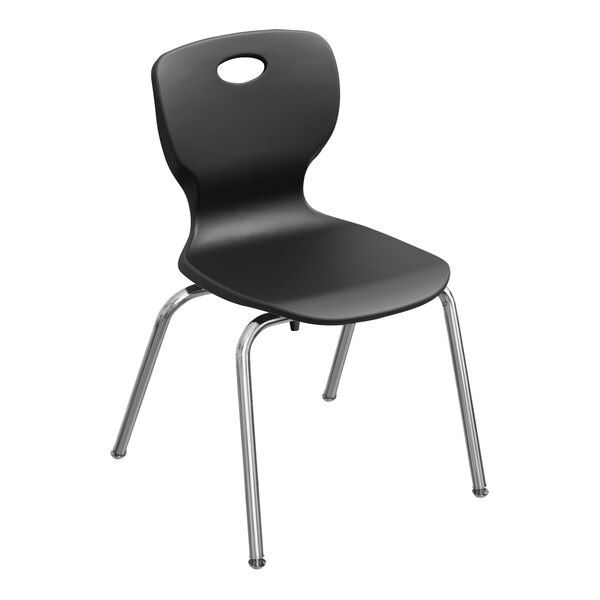 A black plastic Correll student chair with chrome legs.