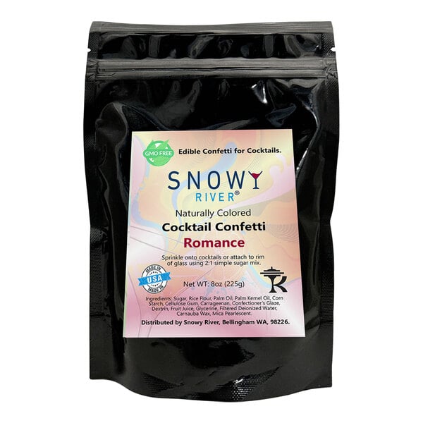 A black package of Snowy River Romance Cocktail Confetti with a label.