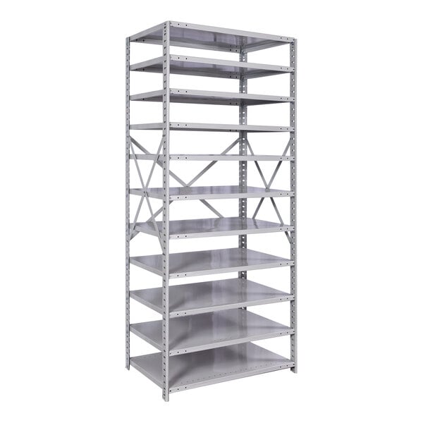 A gray MEDSAFE antimicrobial metal shelving unit with 11 adjustable shelves.