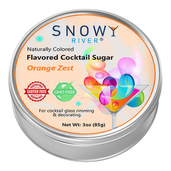 A round container of Snowy River Orange Zest Cocktail Rimming Sugar with a label.