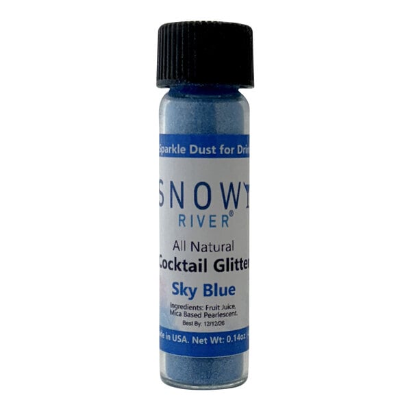 A close-up of a Snowy River sky blue cocktail glitter bottle.