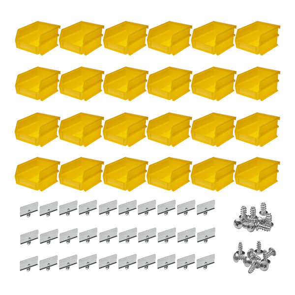 A Triton DuraHook Small Yellow BinKit with 24 yellow plastic bins in a yellow plastic container with a lid.