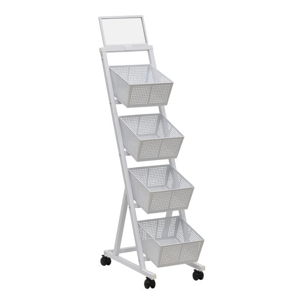 A white metal 4-basket retail display rack.