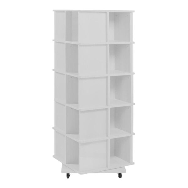 A white wood mobile T-shirt spinner display with 20 slots on wheels.