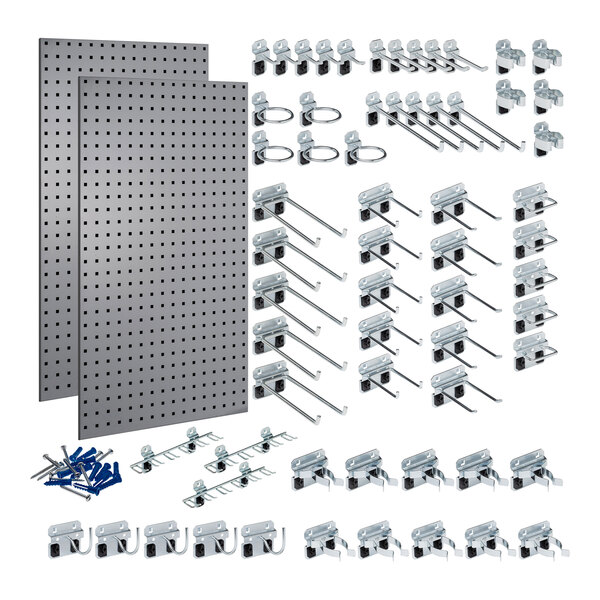 A Triton gray steel LocBoard with a group of tools and hooks.