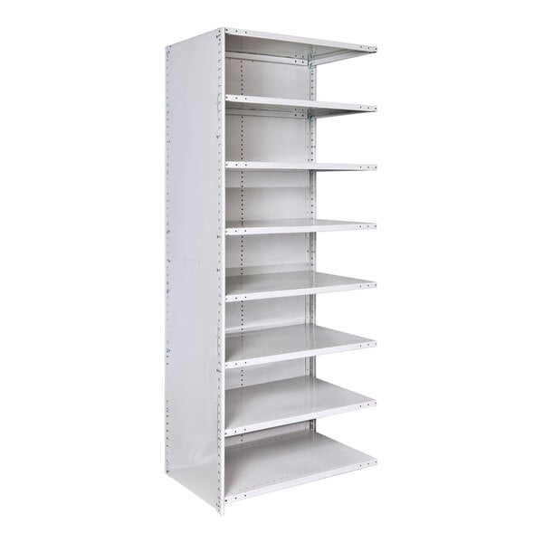 A gray Medsafe antimicrobial metal shelving unit with shelves.